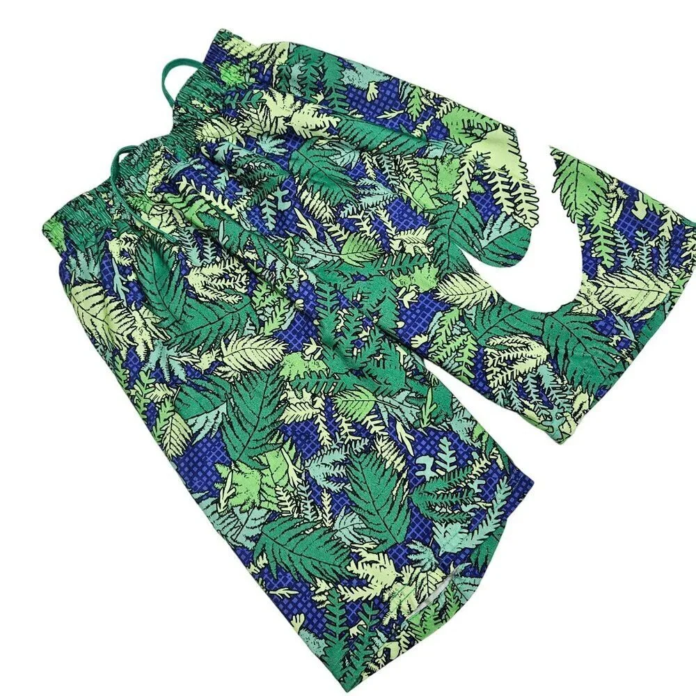 Nike Youth Tropical Leaf Print Swim Trunks M 10-12 Yrs Green/Blue Cinch Waist
